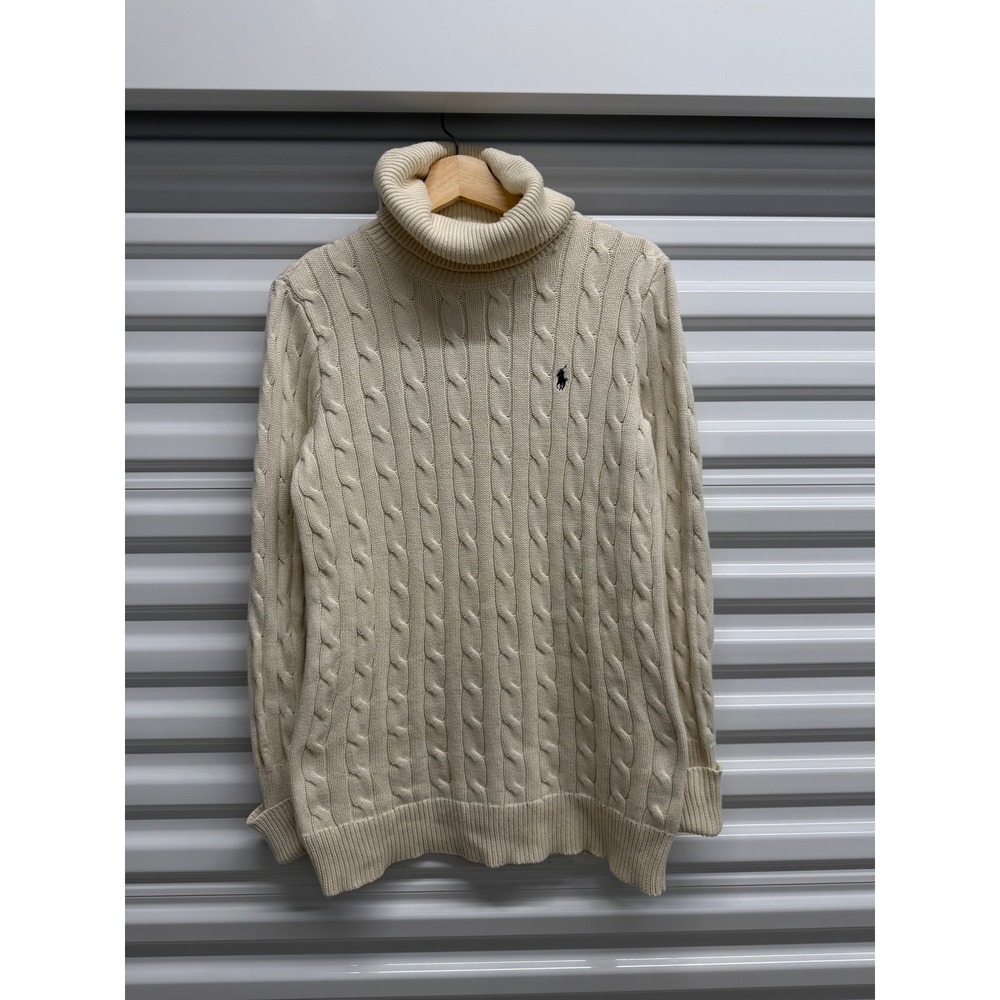 Ralph Lauren Sport Mens Small Cream Cable Knit Turtleneck Cotton Sweater Pony